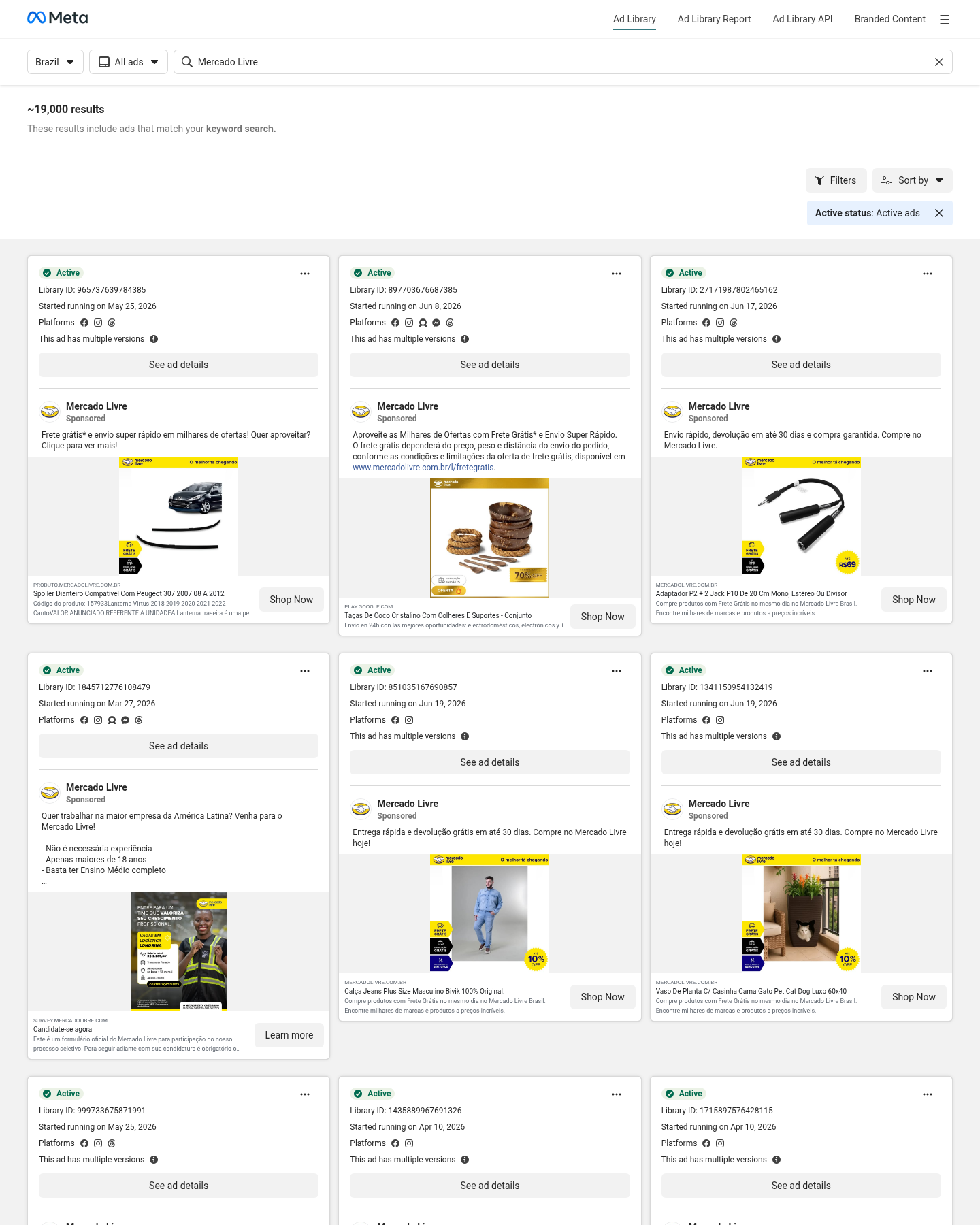 Print da Meta Ad Library com anúncios ativos do Mercado Livre